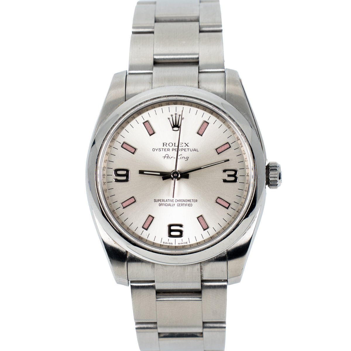 2008 Rolex Air-King 34mm Ref. 114200 Silver Arabic Dial Pink Markers – Box & Papers