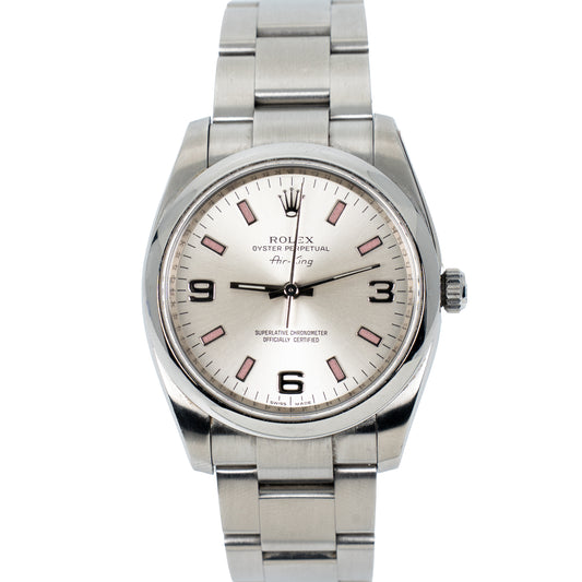 2008 Rolex Air-King 34mm Ref. 114200 Silver Arabic Dial Pink Markers – Box & Papers
