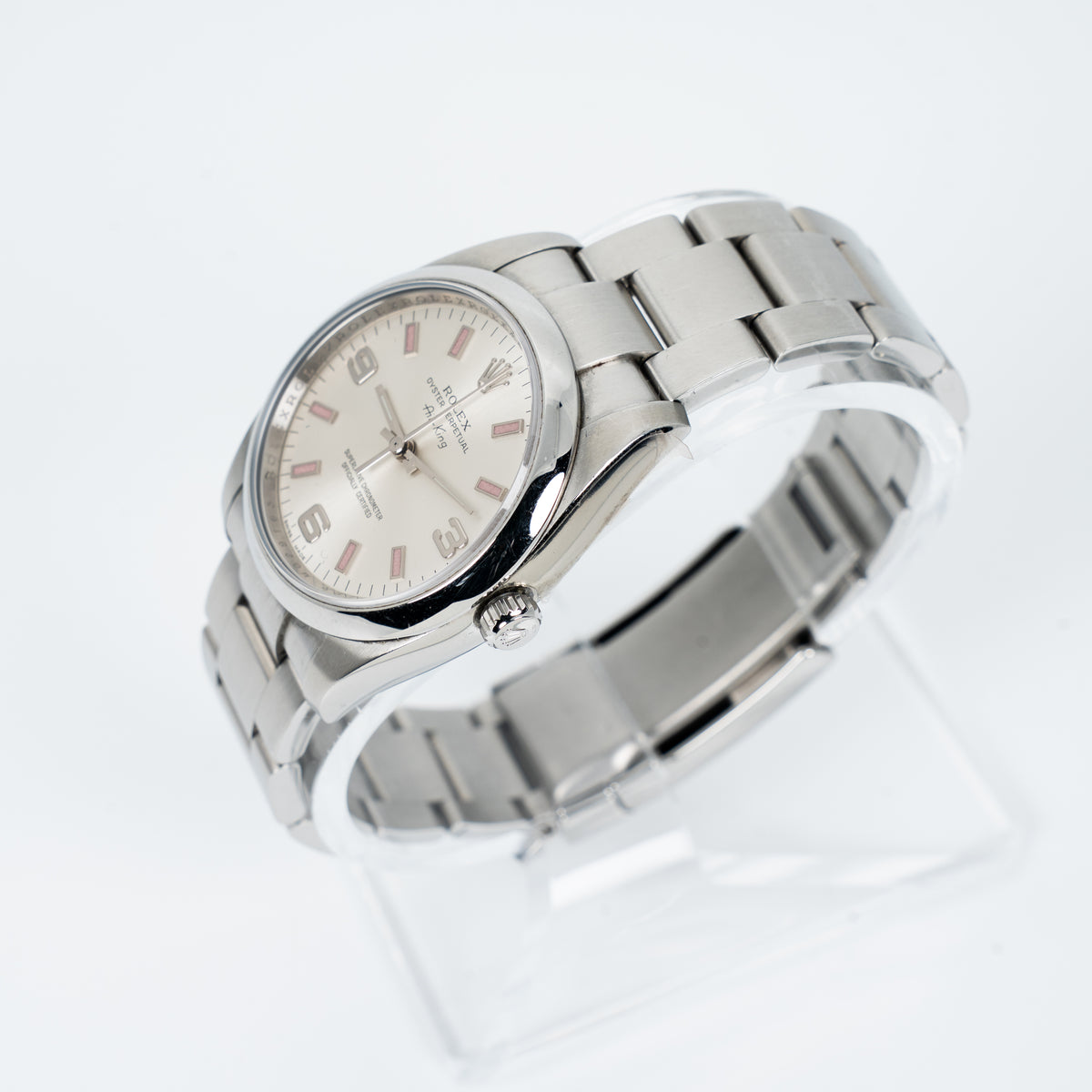 2008 Rolex Air-King 34mm Ref. 114200 Silver Arabic Dial Pink Markers – Box & Papers