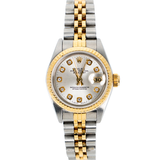 Vintage Rolex Lady-Datejust 26mm Ref. 69173 – Silver Aftermarket Diamond Dial – Circa 1980s